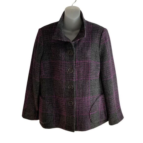 Carlisle Jacket Tweed Wool Blend Button Snap Front Black Pink Grey Weave Size 14 - Picture 1 of 12